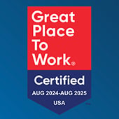 Red and blue badge saying, "Great Place to Work Certified: Aug 2024-Aug 2025 USA